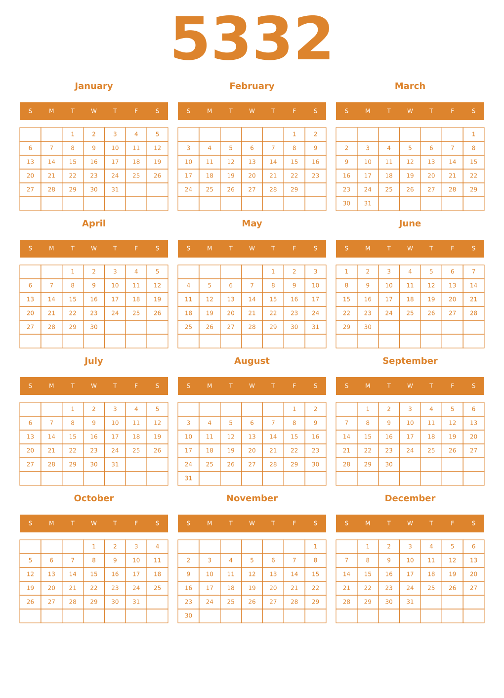 Printable 5332 Year Calendars orange