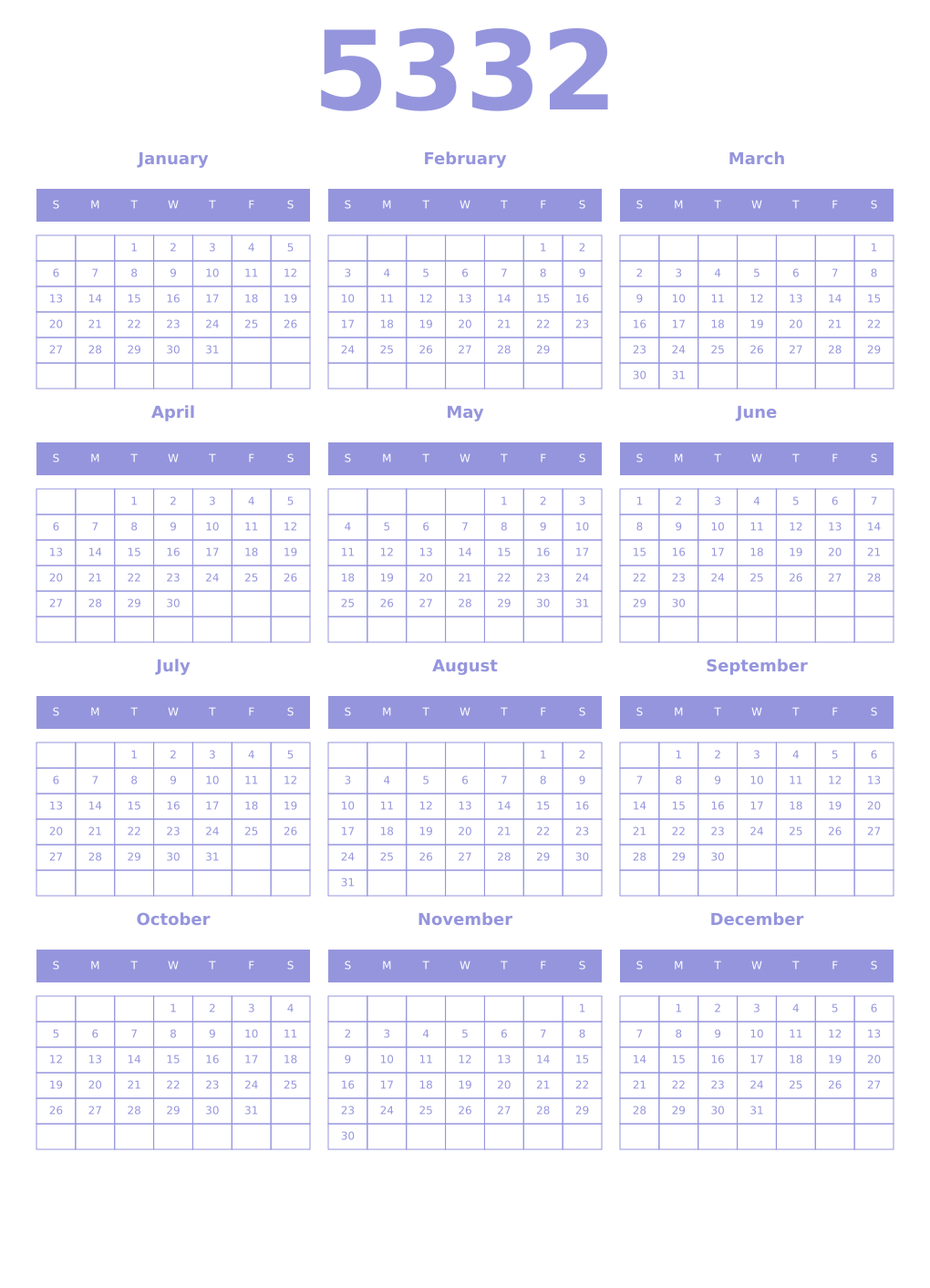 Printable 5332 Year Calendars periwinkle