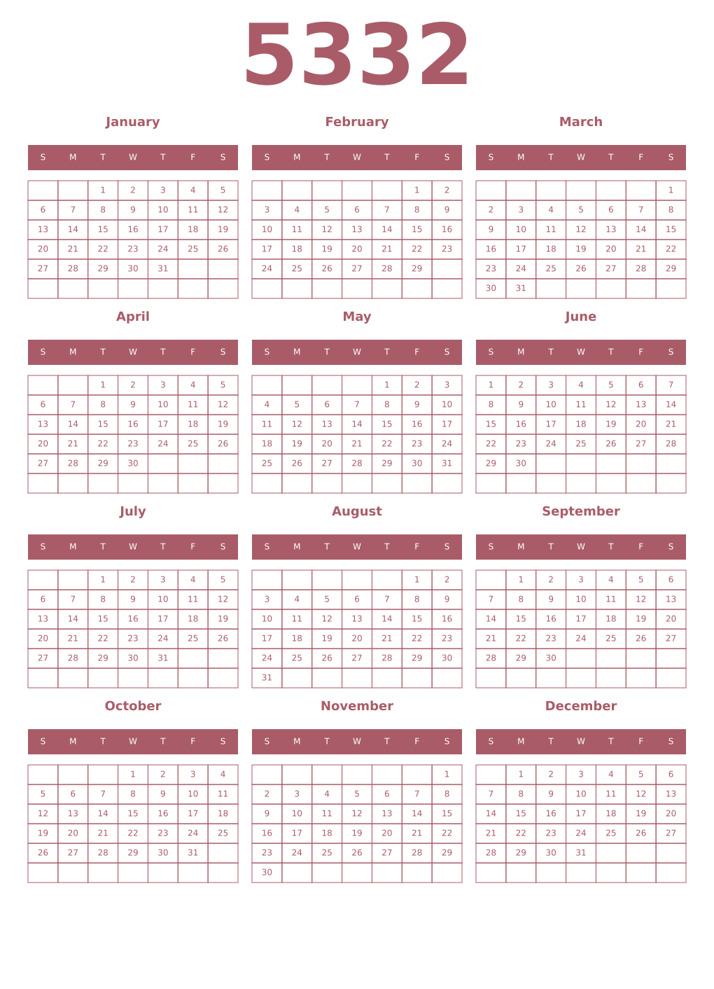 Printable 5332 Year Calendars puce