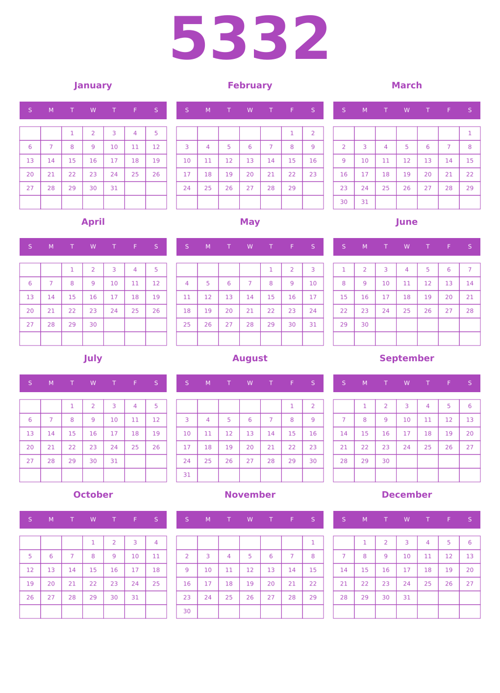 Printable 5332 Year Calendars purple