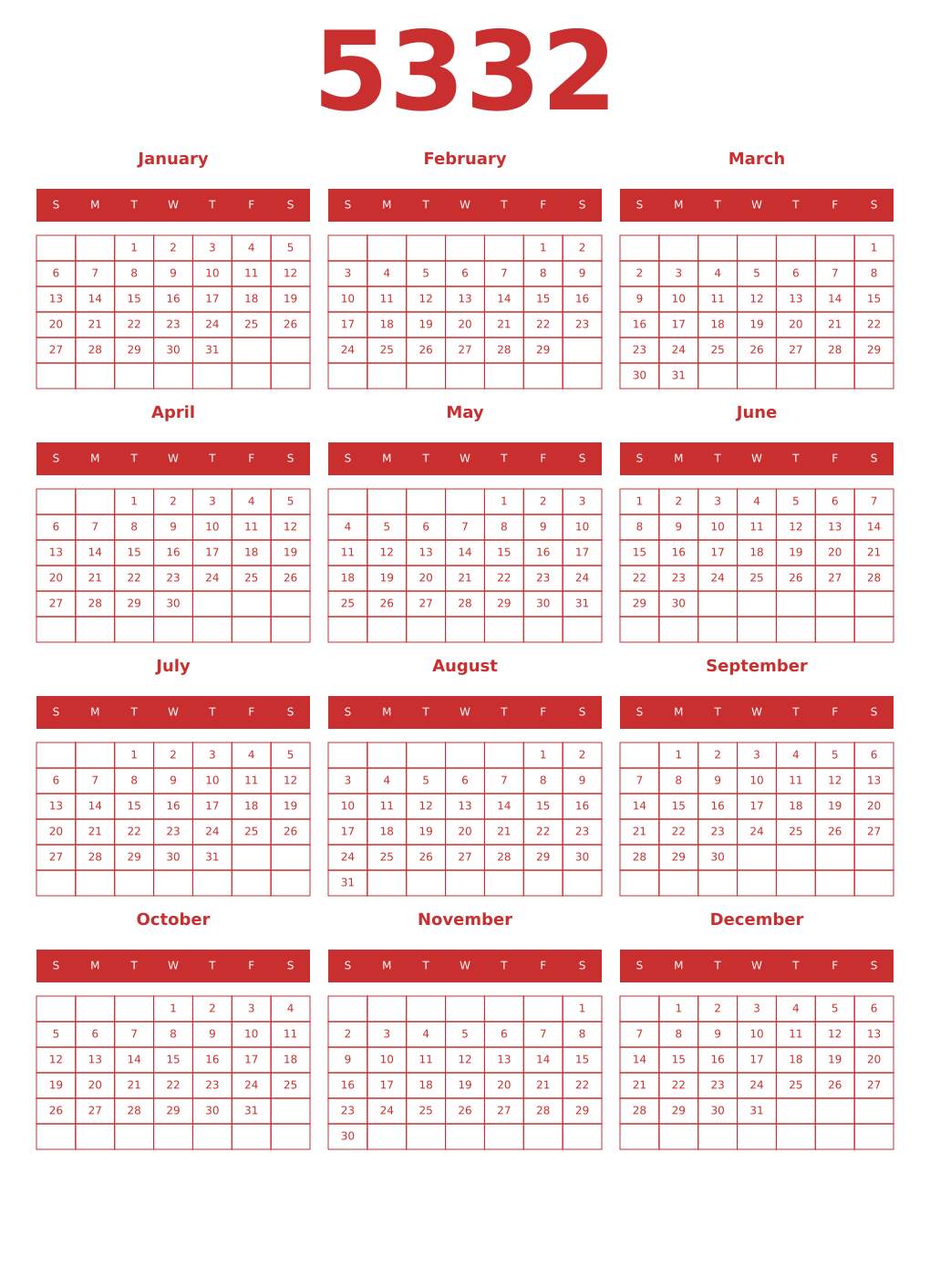 Printable 5332 Year Calendars red