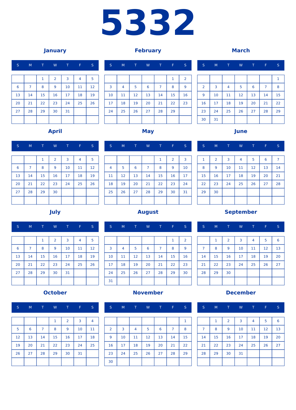 Printable 5332 Year Calendars smalt
