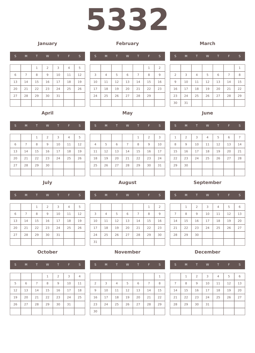 Printable 5332 Year Calendars wenge