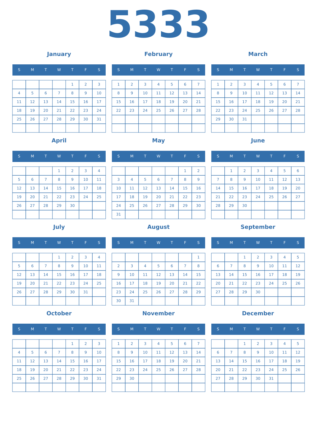 Printable 5333 Year Calendars blue