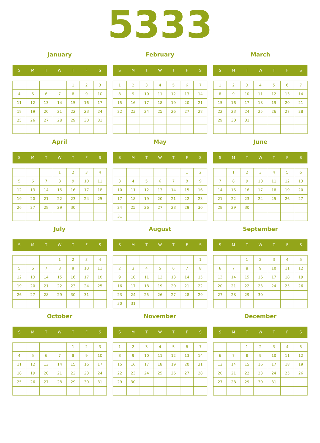 Printable 5333 Year Calendars chartreuse