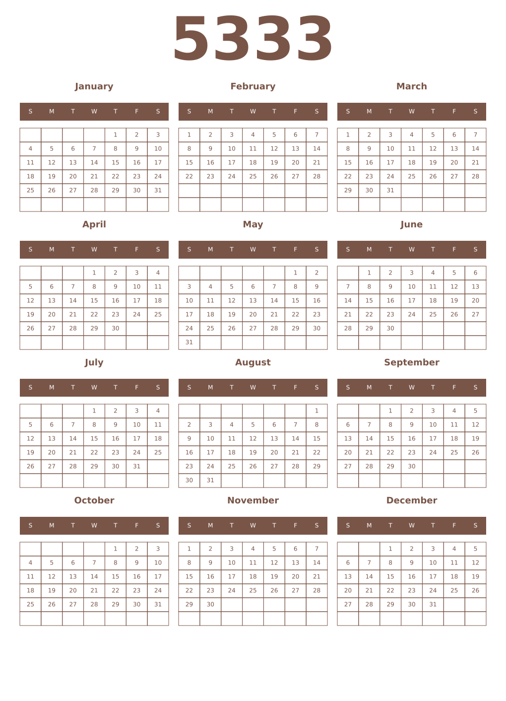 Printable 5333 Year Calendars coffe