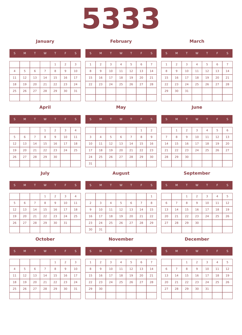 Printable 5333 Year Calendars cordovan