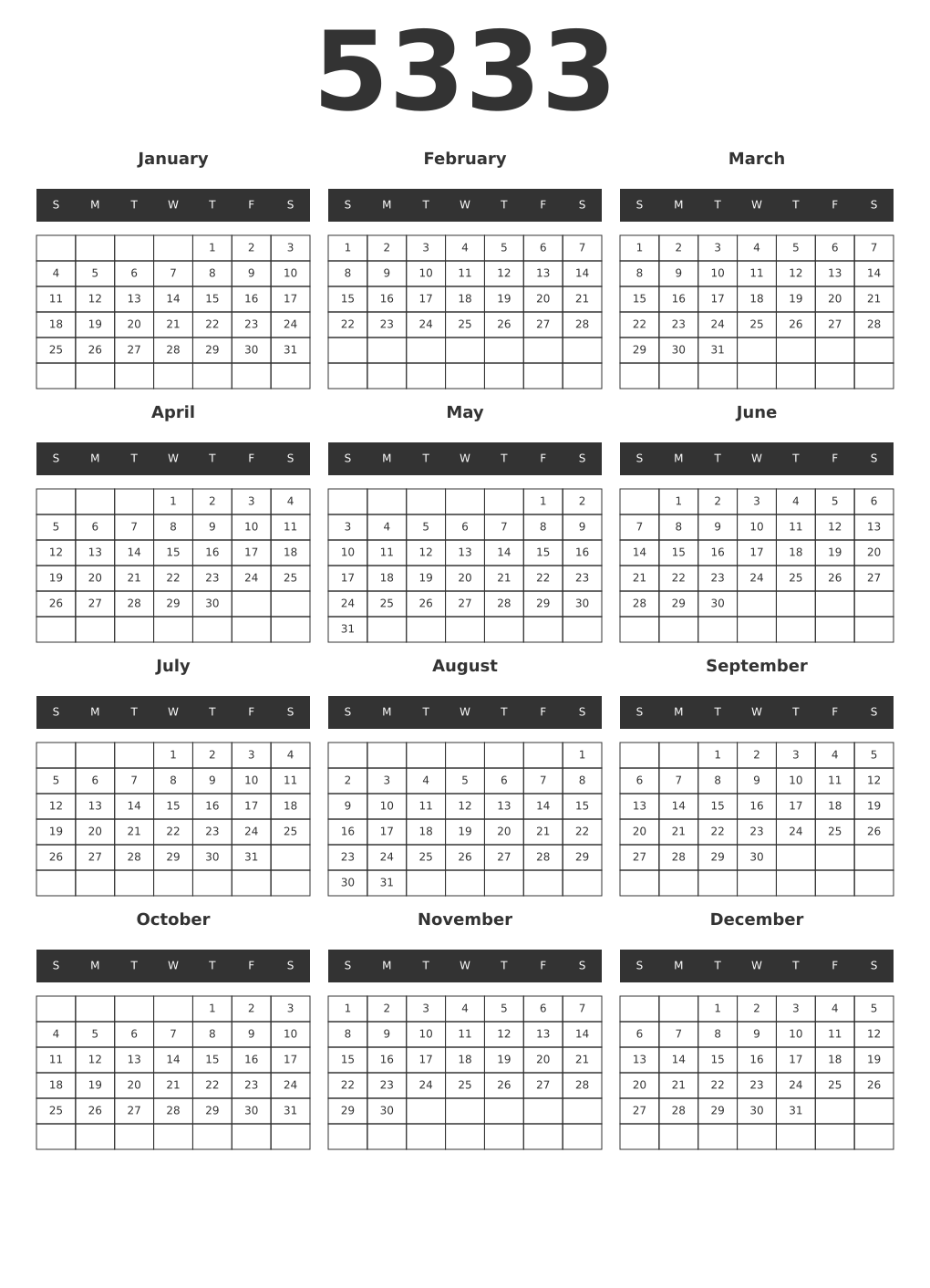 Printable 5333 Year Calendars dark