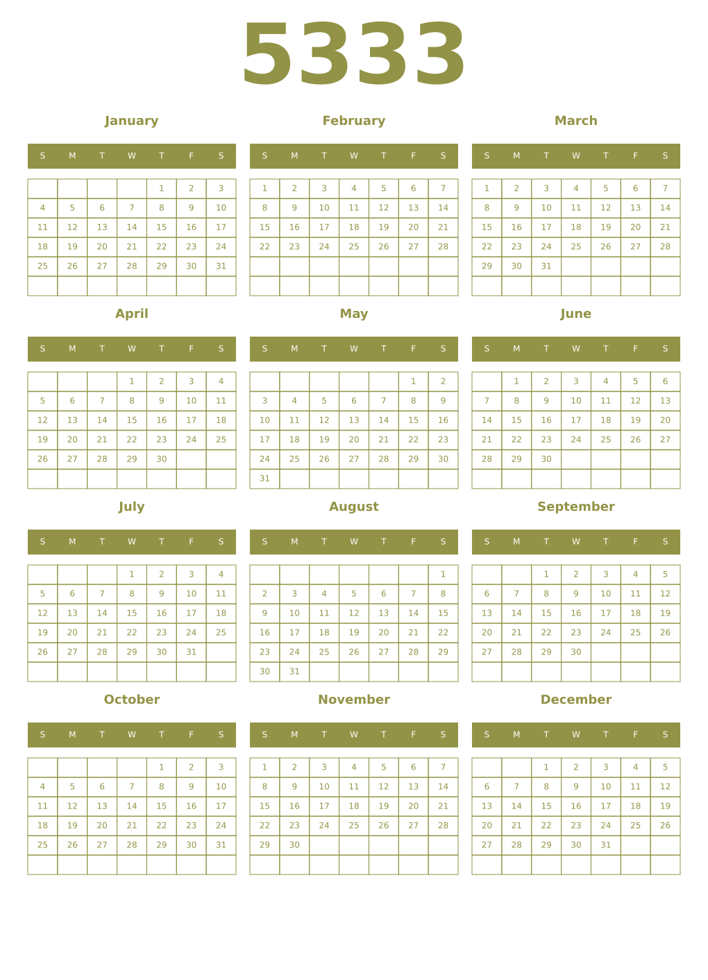 Printable 5333 Year Calendars eburnean