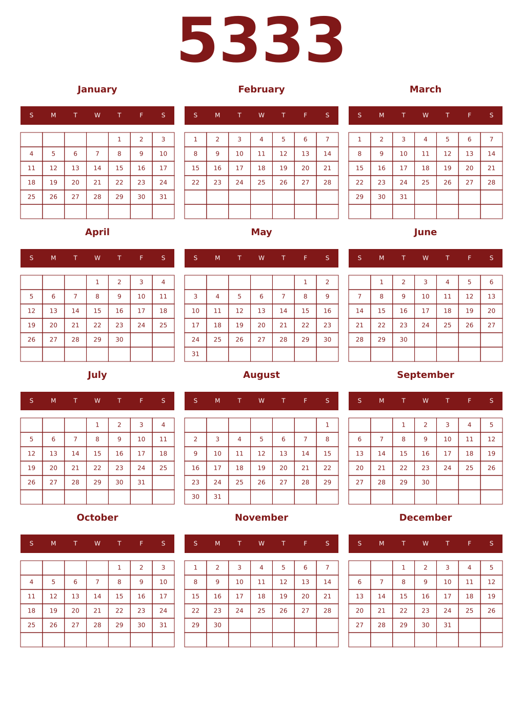 Printable 5333 Year Calendars falu