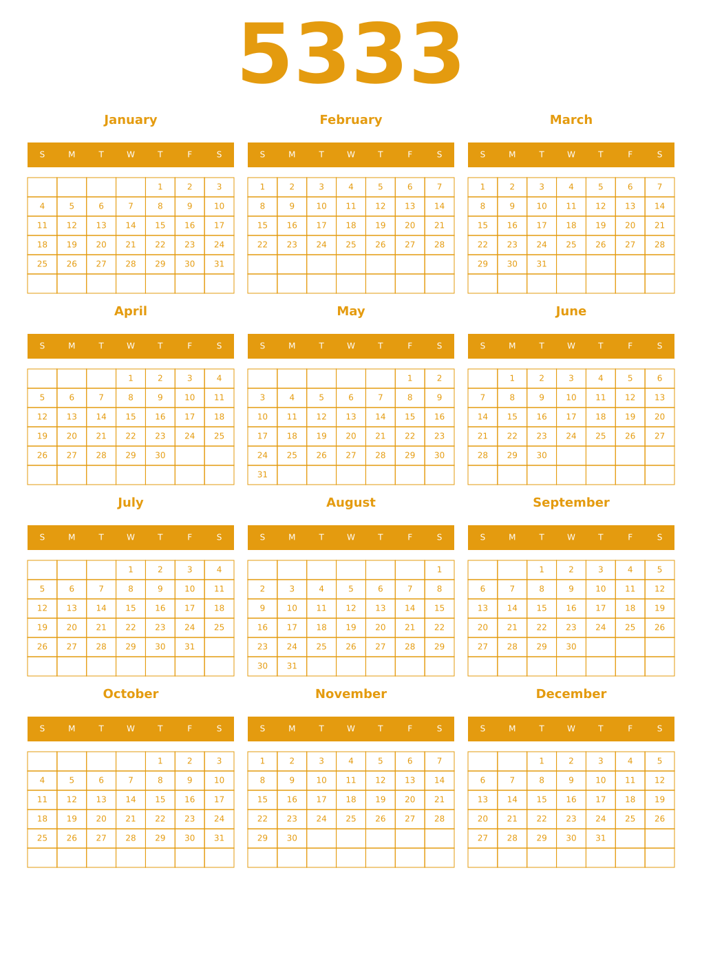 Printable 5333 Year Calendars gamboge