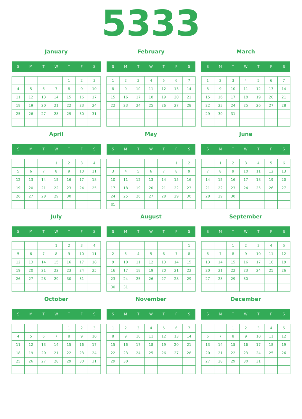 Printable 5333 Year Calendars green