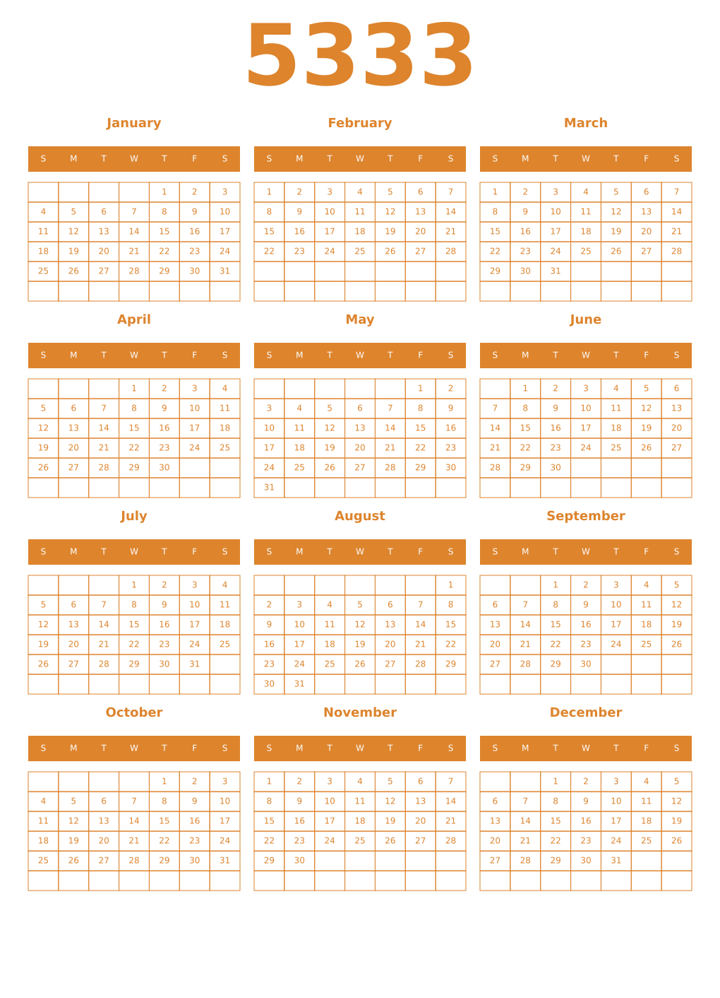 Printable 5333 Year Calendars orange