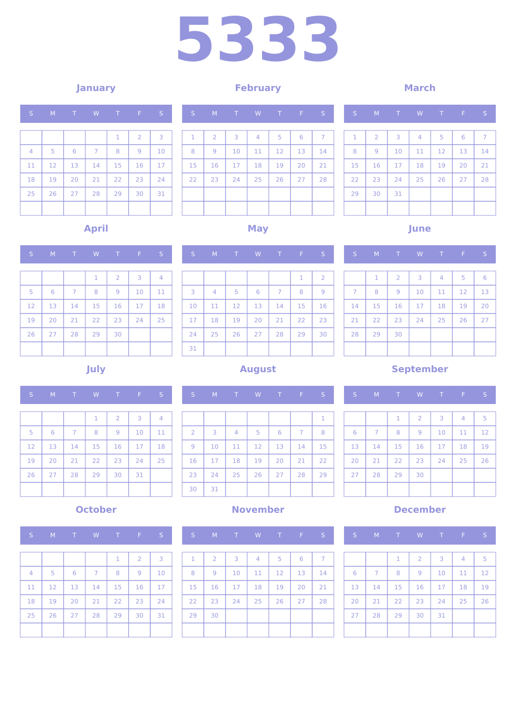 Printable 5333 Year Calendars periwinkle