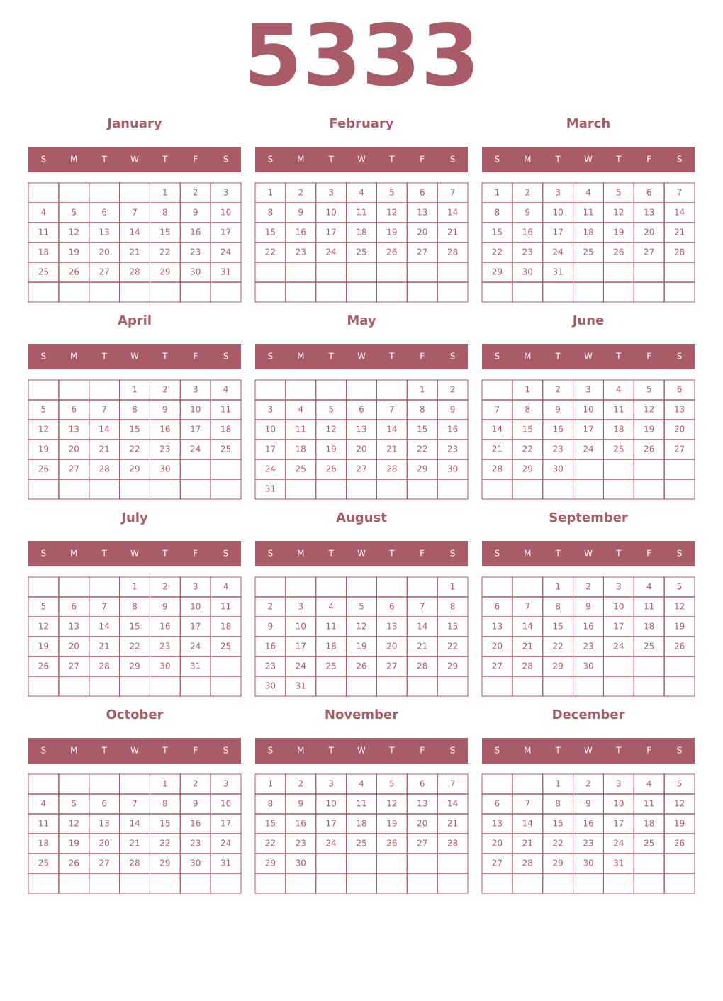 Printable 5333 Year Calendars puce