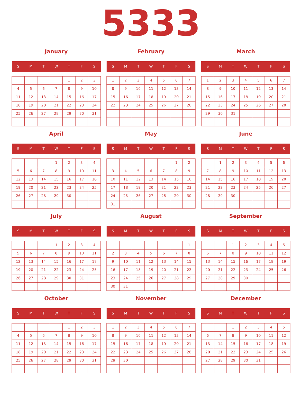 Printable 5333 Year Calendars red