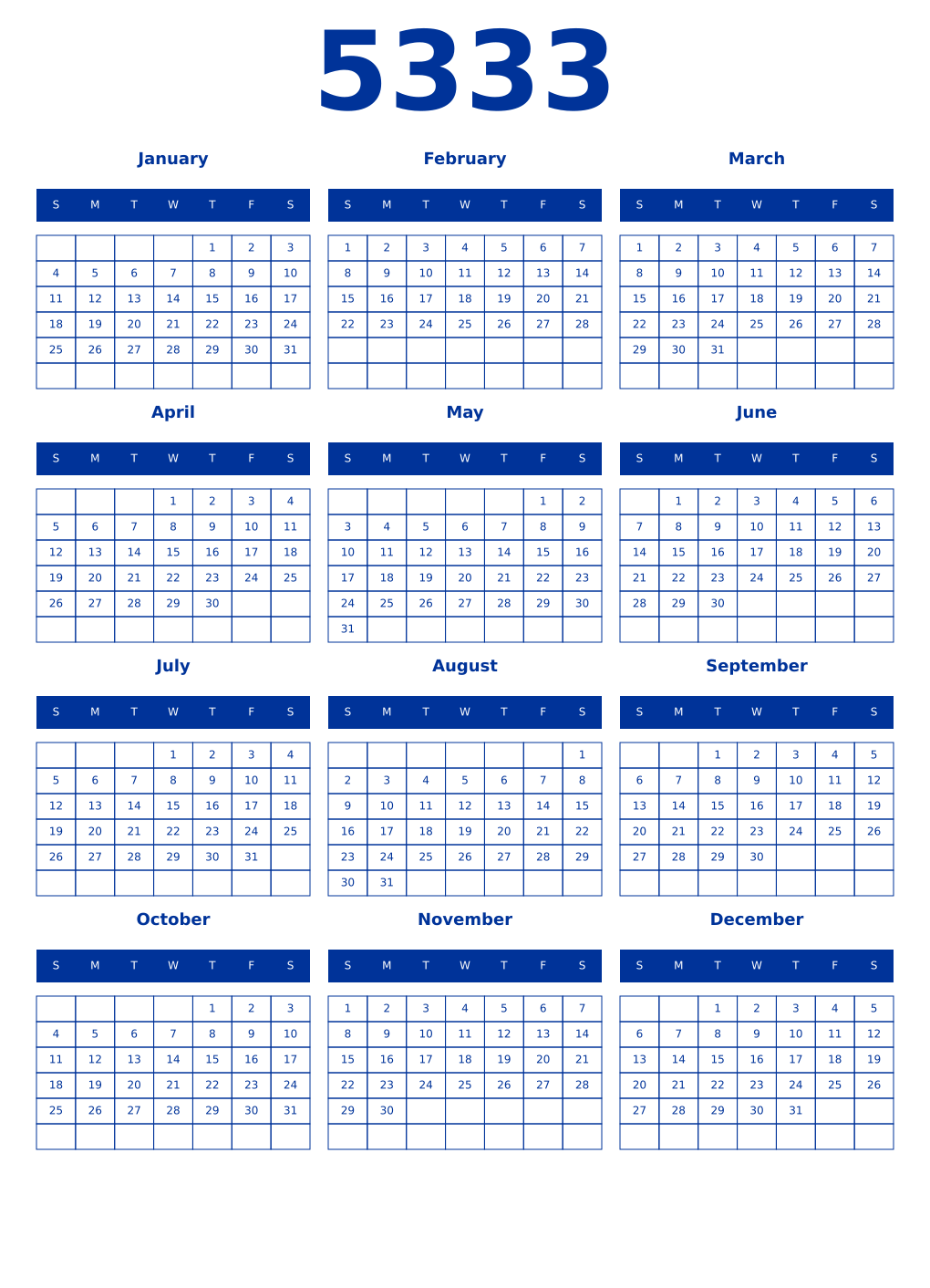 Printable 5333 Year Calendars smalt