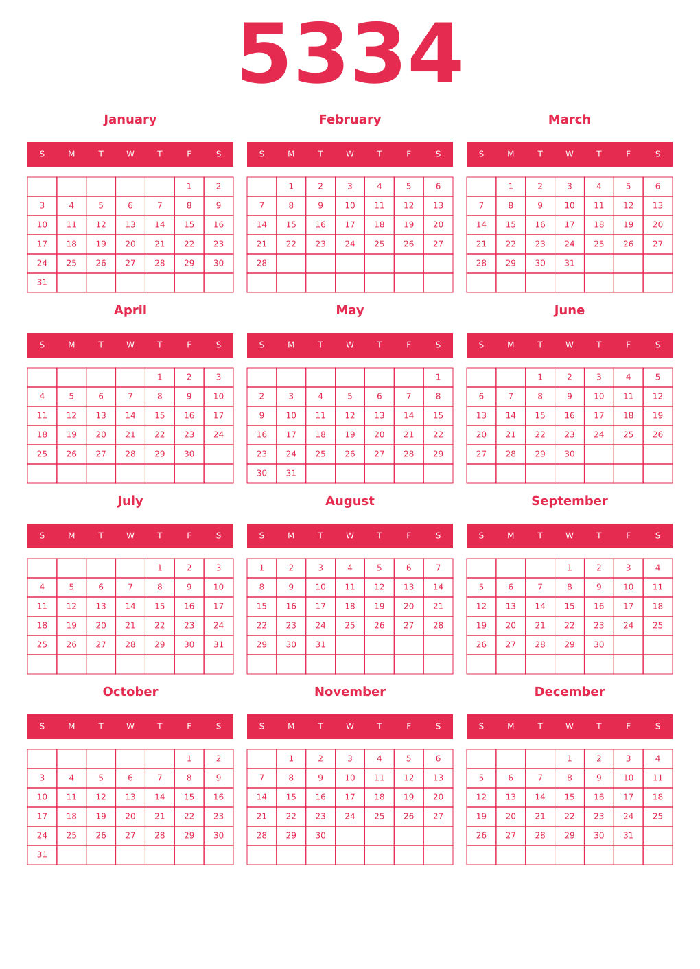 Printable 5334 Year Calendars amaranth