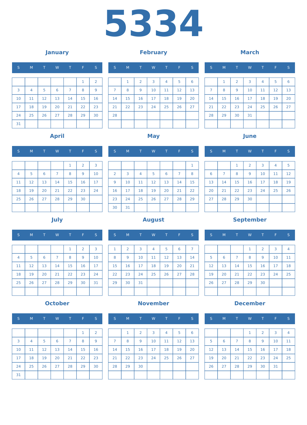 Printable 5334 Year Calendars blue