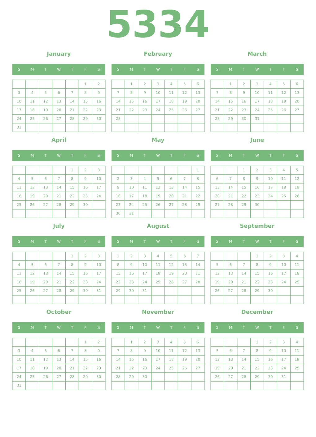 Printable 5334 Year Calendars celadon