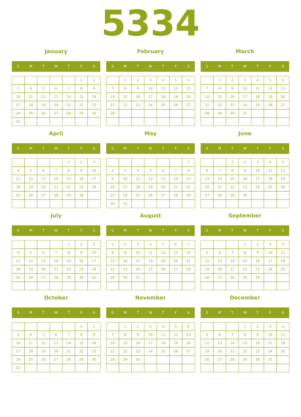 Printable 5334 Year Calendars chartreuse