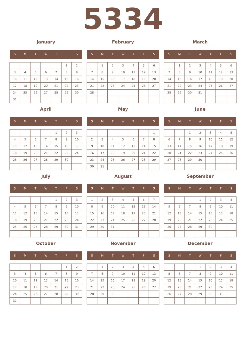 Printable 5334 Year Calendars coffe