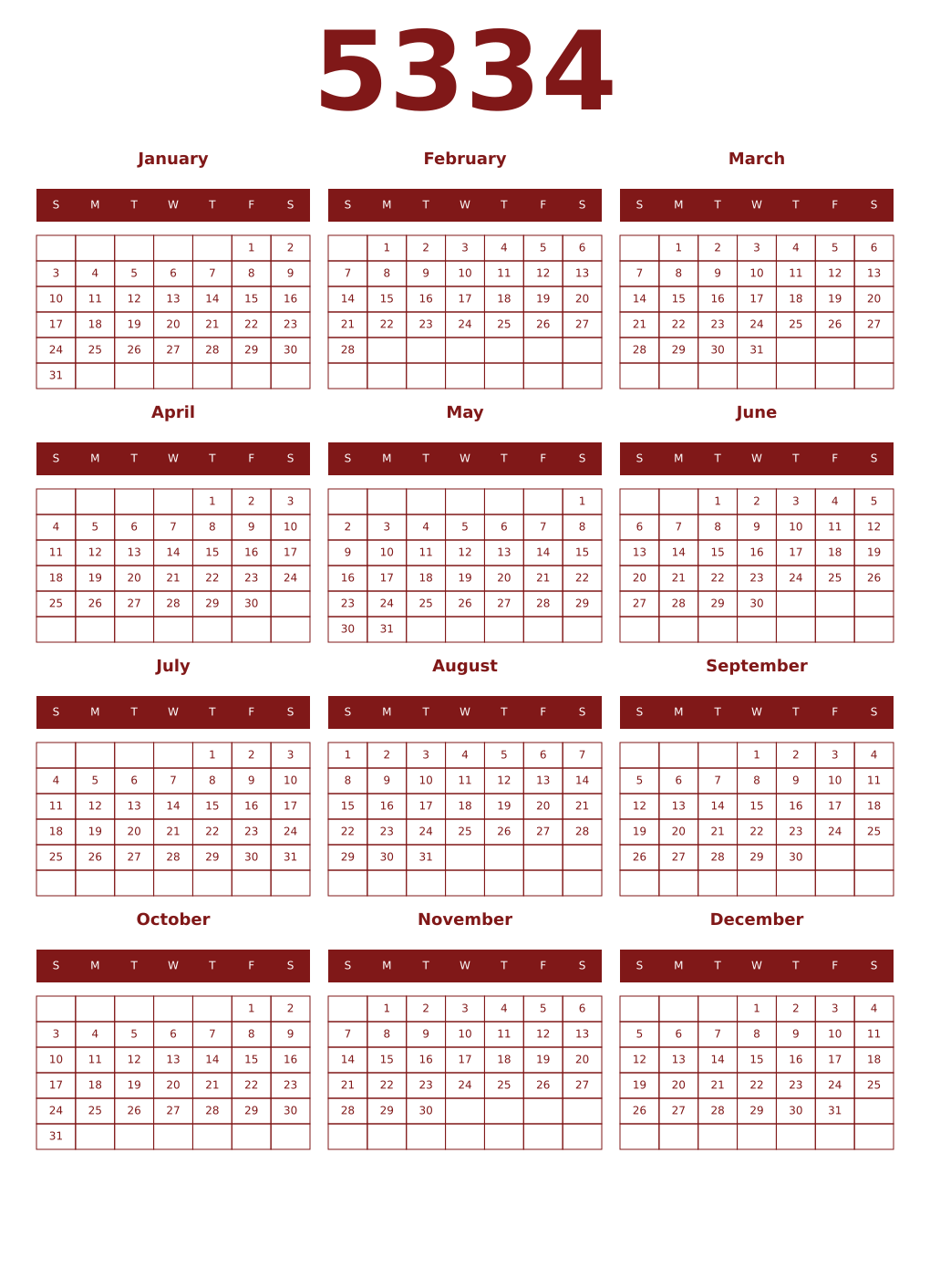 Printable 5334 Year Calendars falu