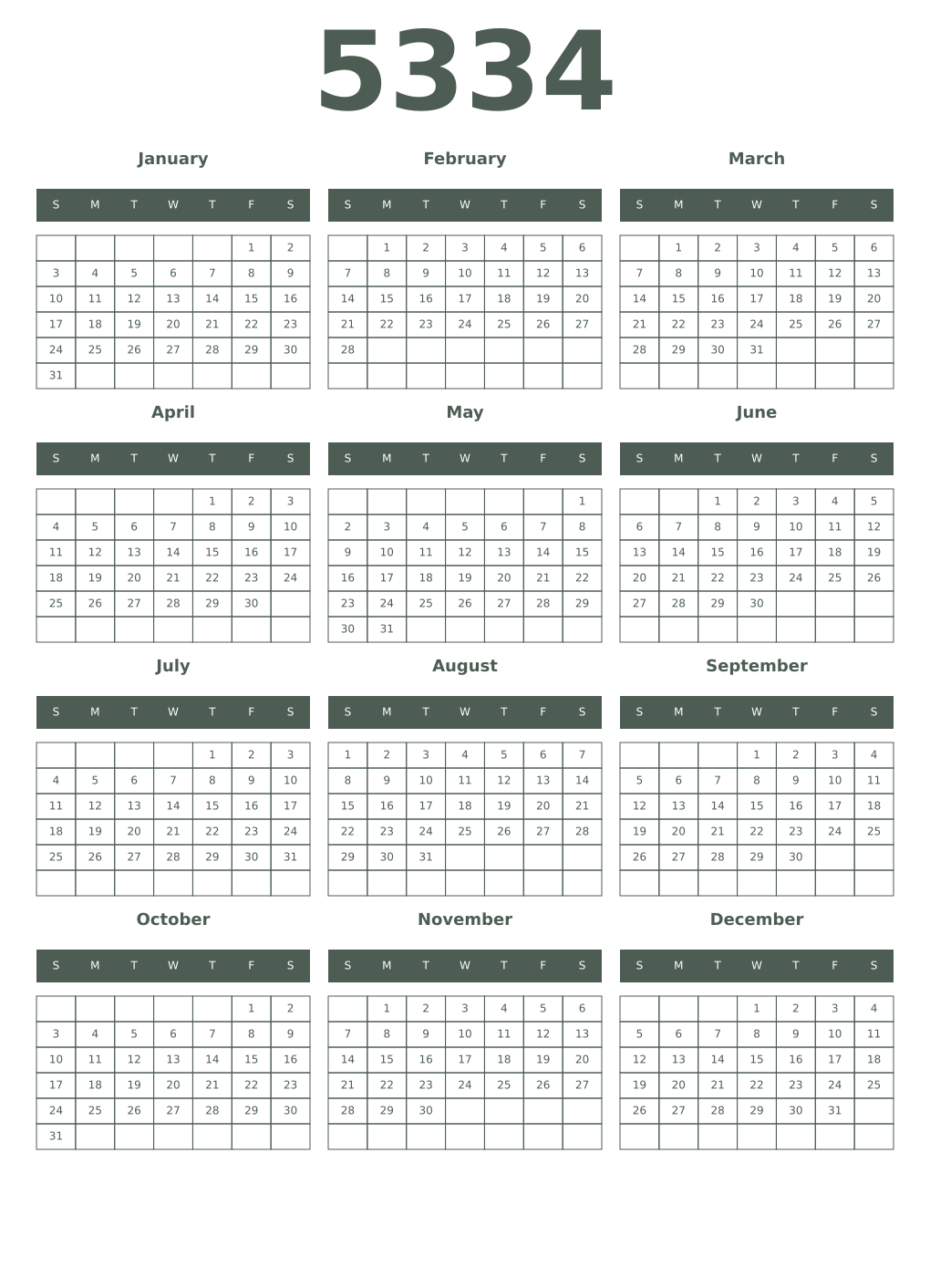 Printable 5334 Year Calendars feldgrau