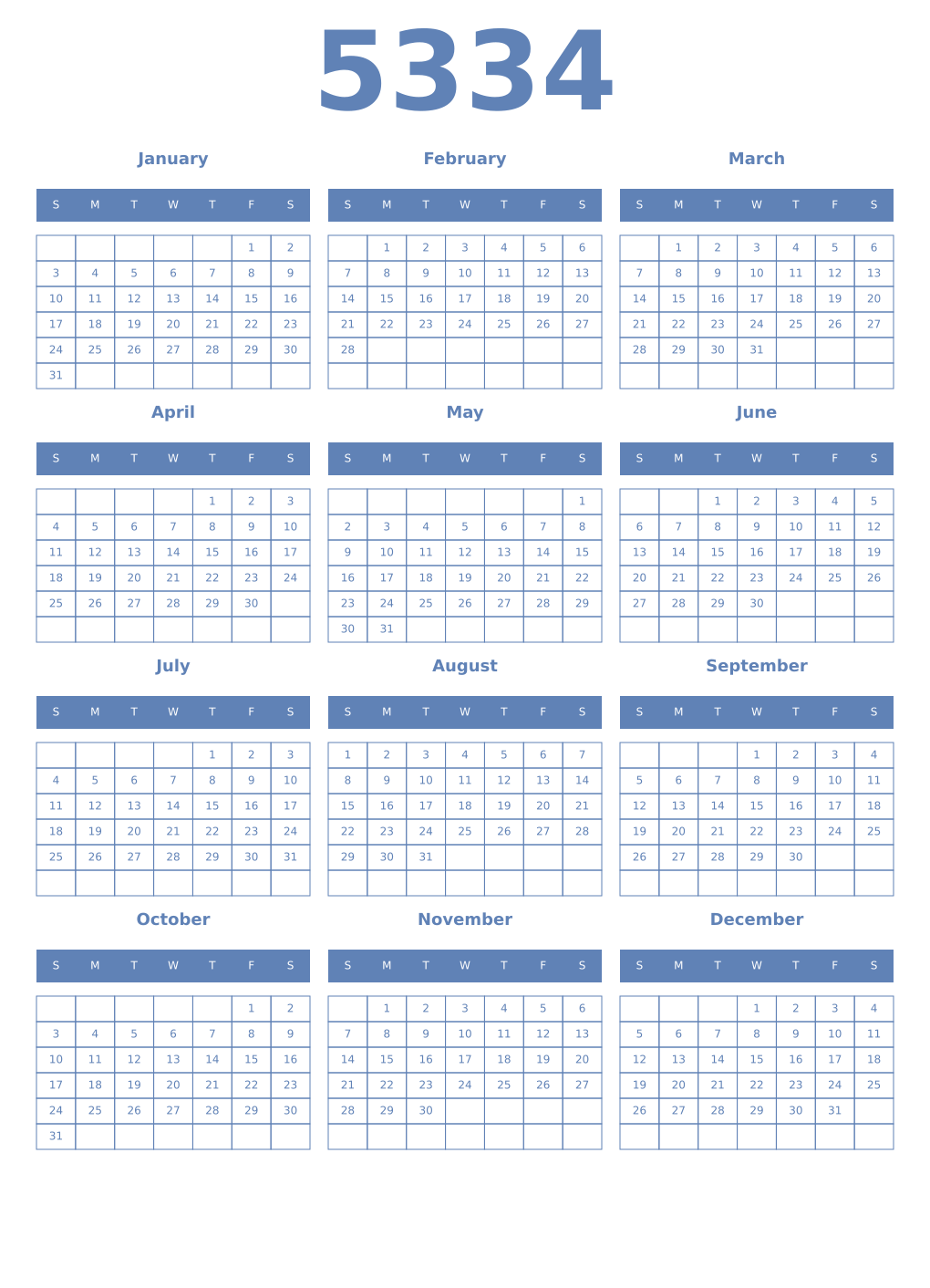 Printable 5334 Year Calendars glaucous