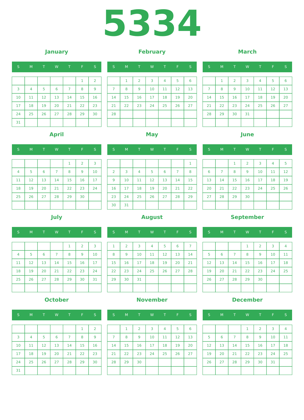 Printable 5334 Year Calendars green