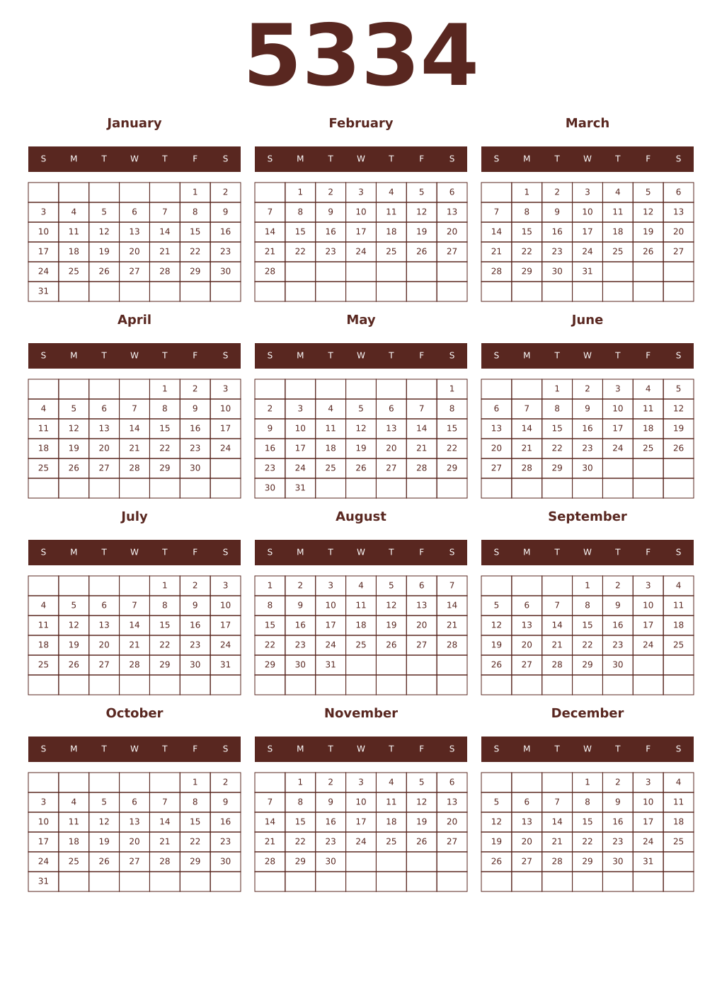 Printable 5334 Year Calendars mortuum