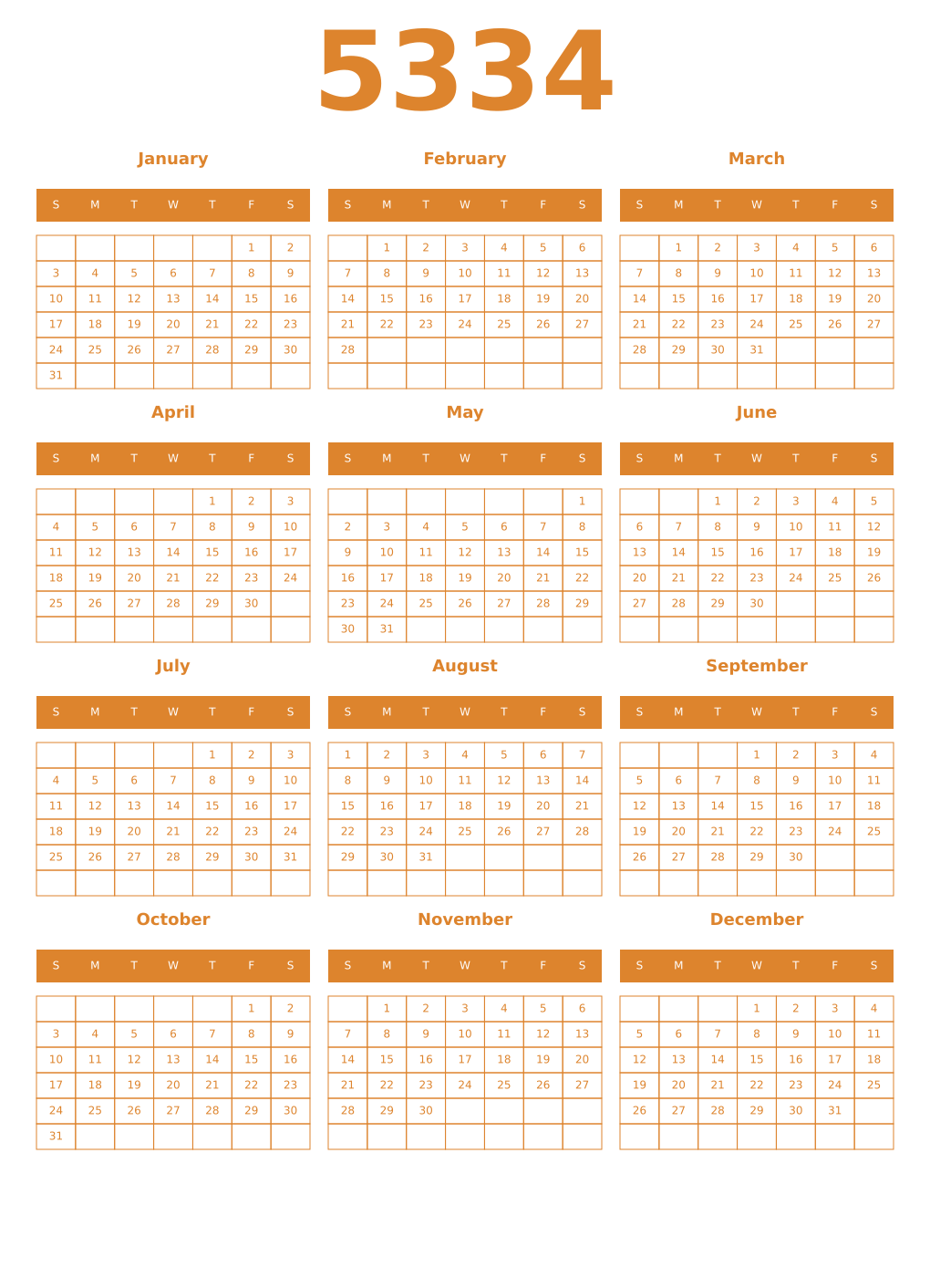 Printable 5334 Year Calendars orange