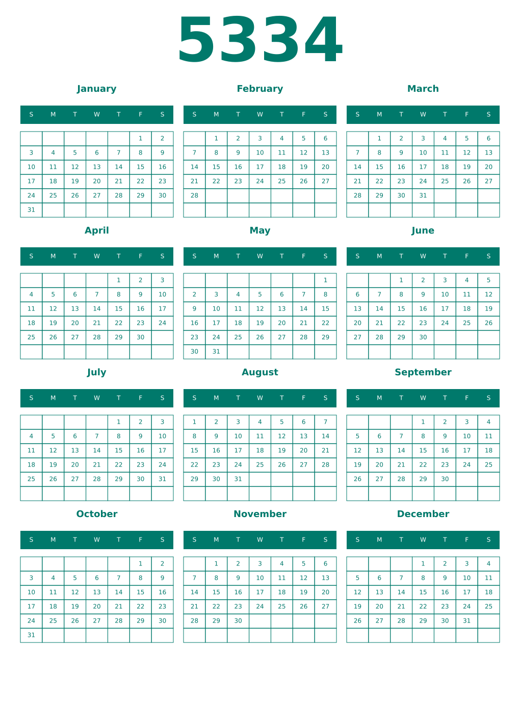 Printable 5334 Year Calendars pastel