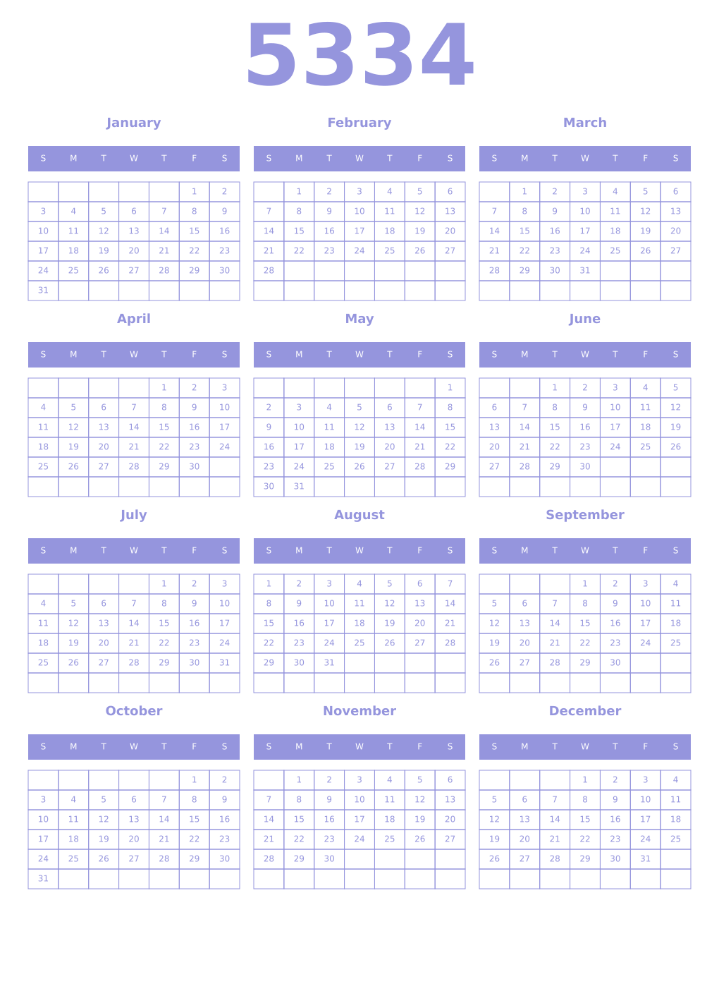 Printable 5334 Year Calendars periwinkle