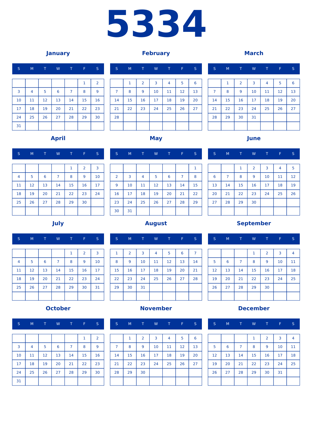 Printable 5334 Year Calendars smalt