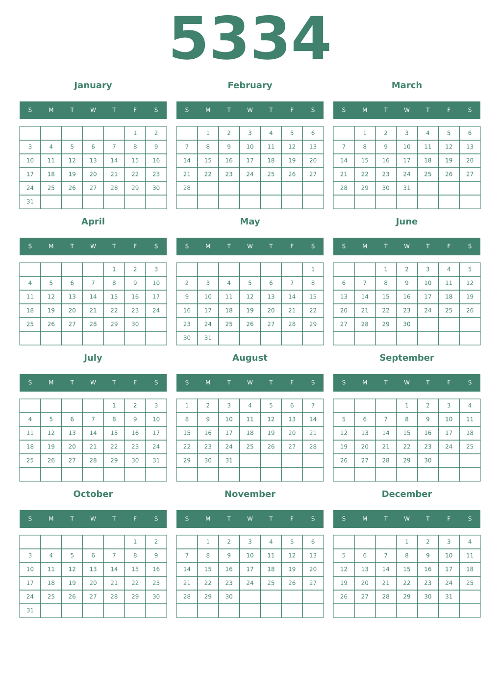 Printable 5334 Year Calendars viridian