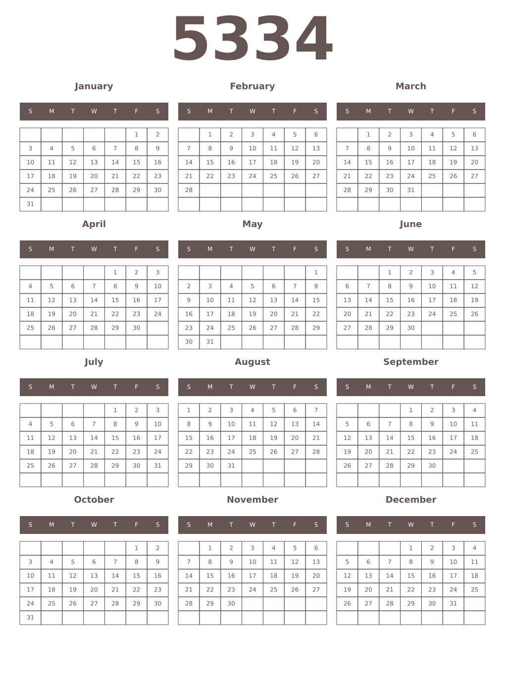 Printable 5334 Year Calendars wenge