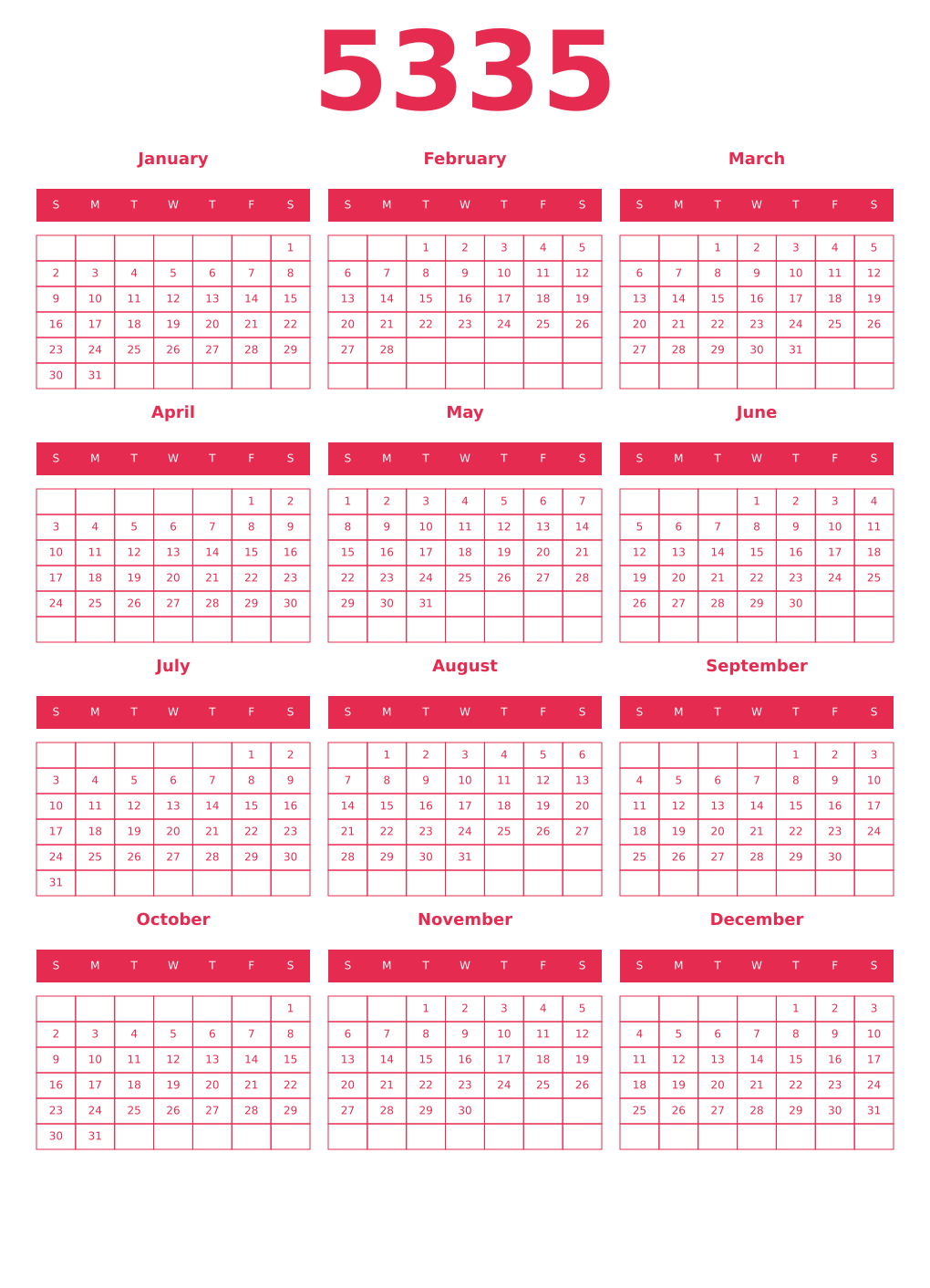 Printable 5335 Year Calendars amaranth