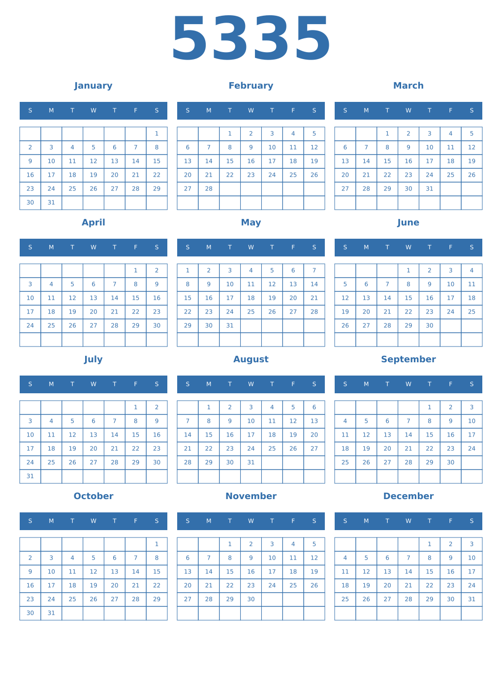 Printable 5335 Year Calendars blue