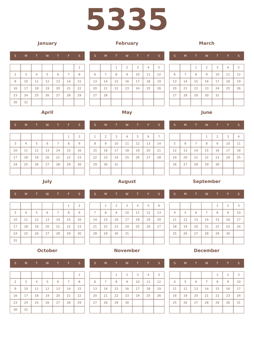 Printable 5335 Year Calendars coffe