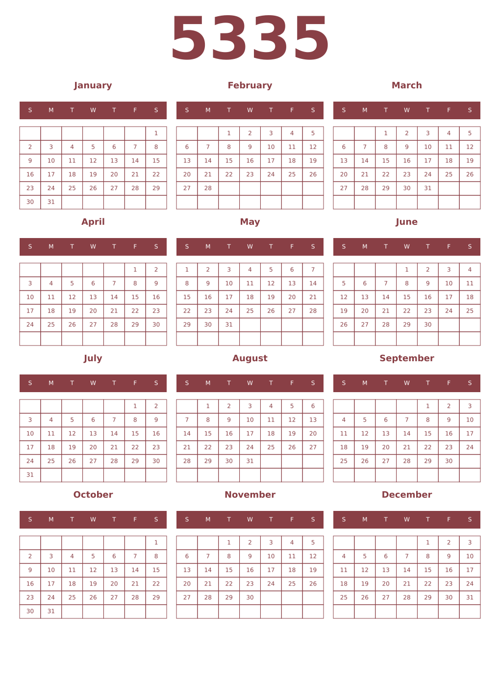 Printable 5335 Year Calendars cordovan