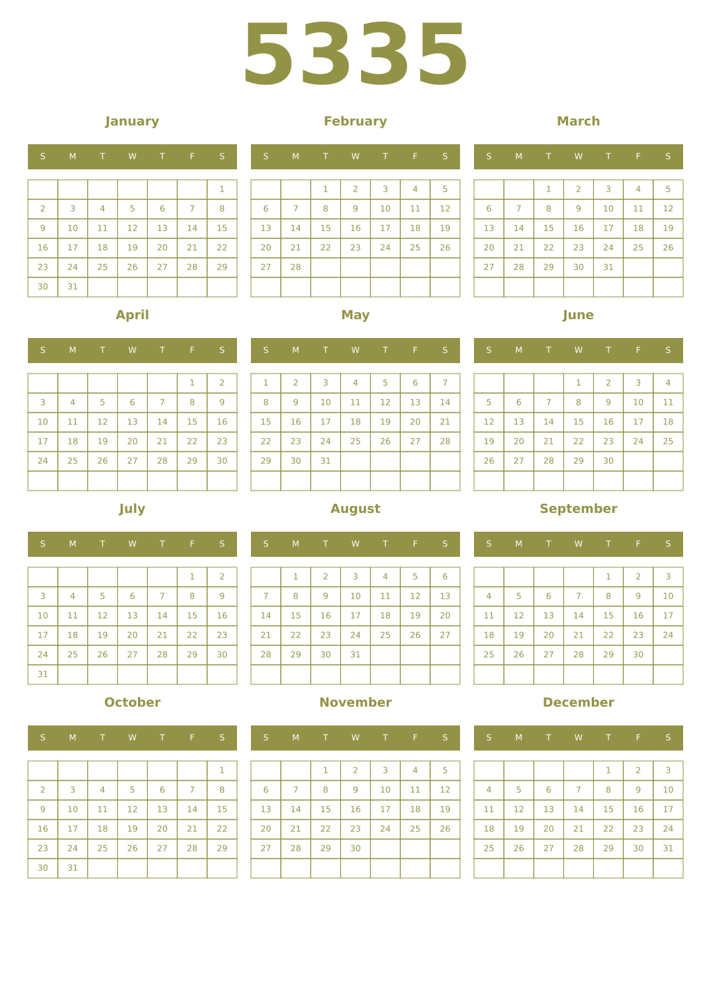 Printable 5335 Year Calendars eburnean