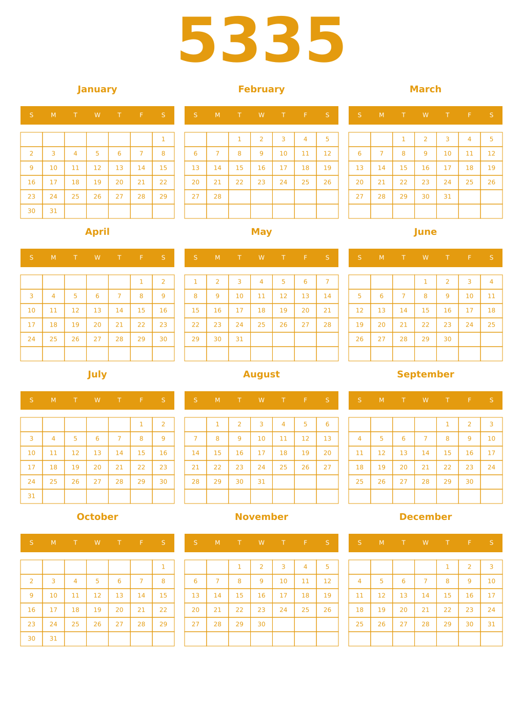 Printable 5335 Year Calendars gamboge