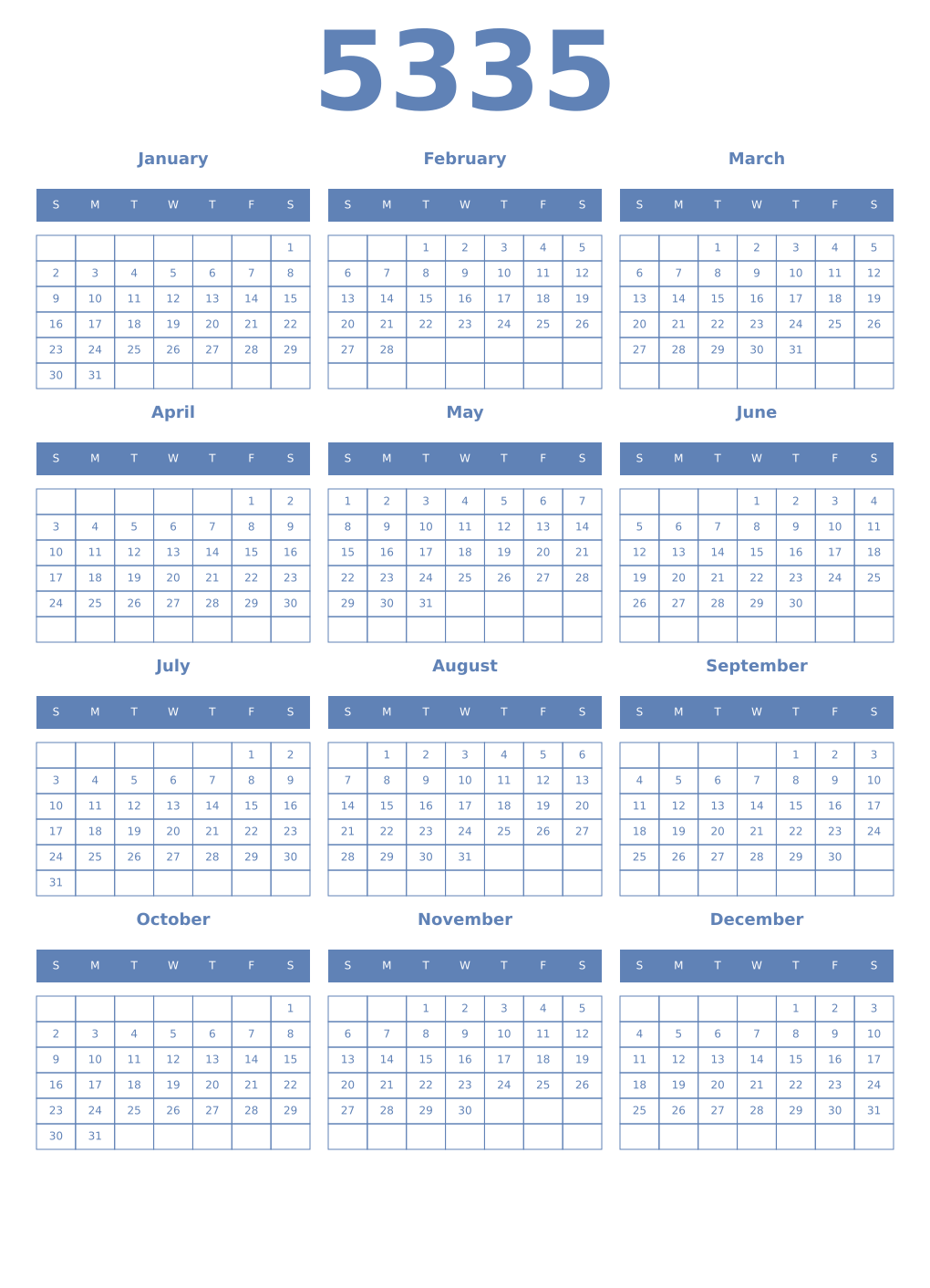 Printable 5335 Year Calendars glaucous