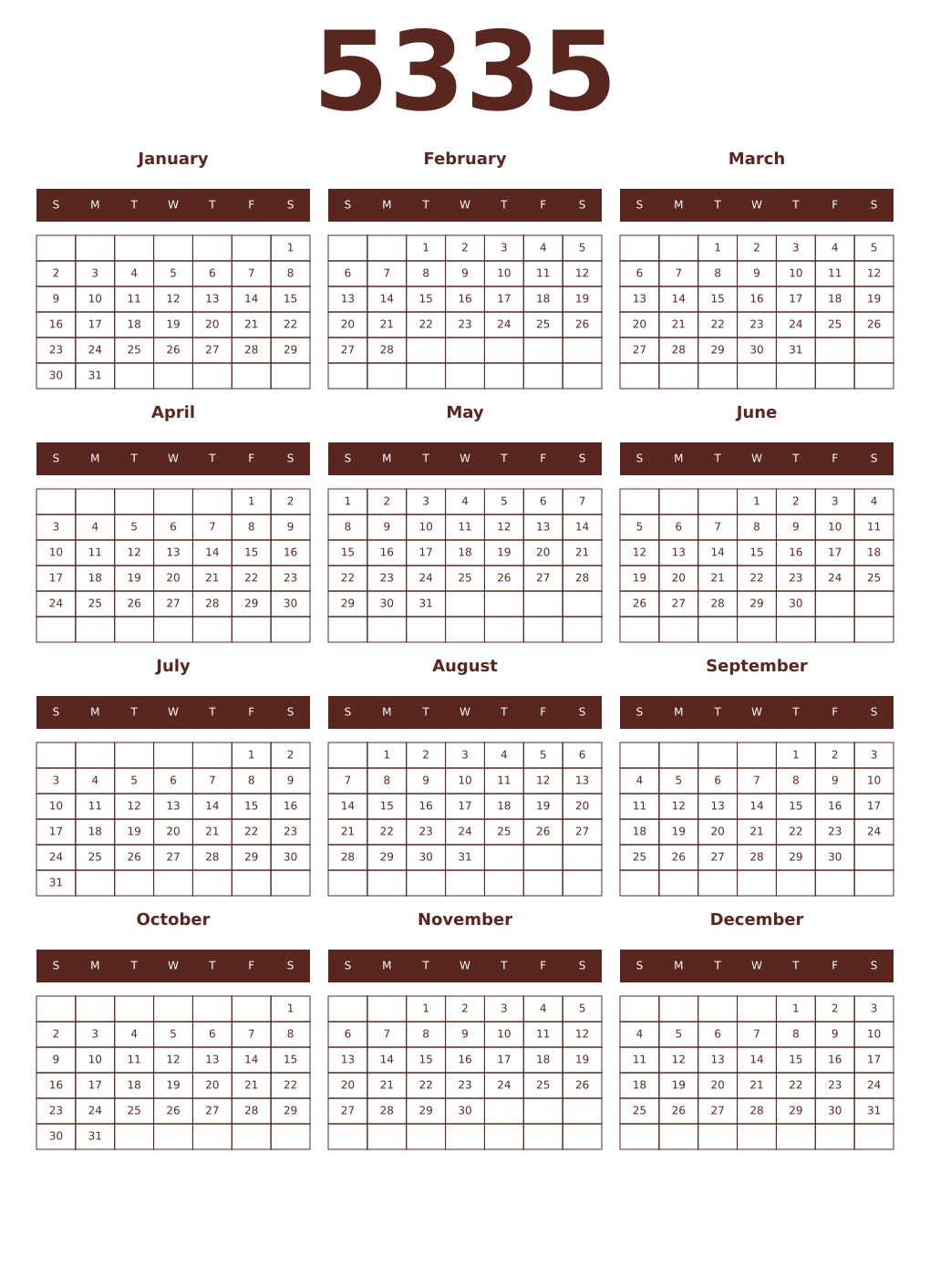 Printable 5335 Year Calendars mortuum