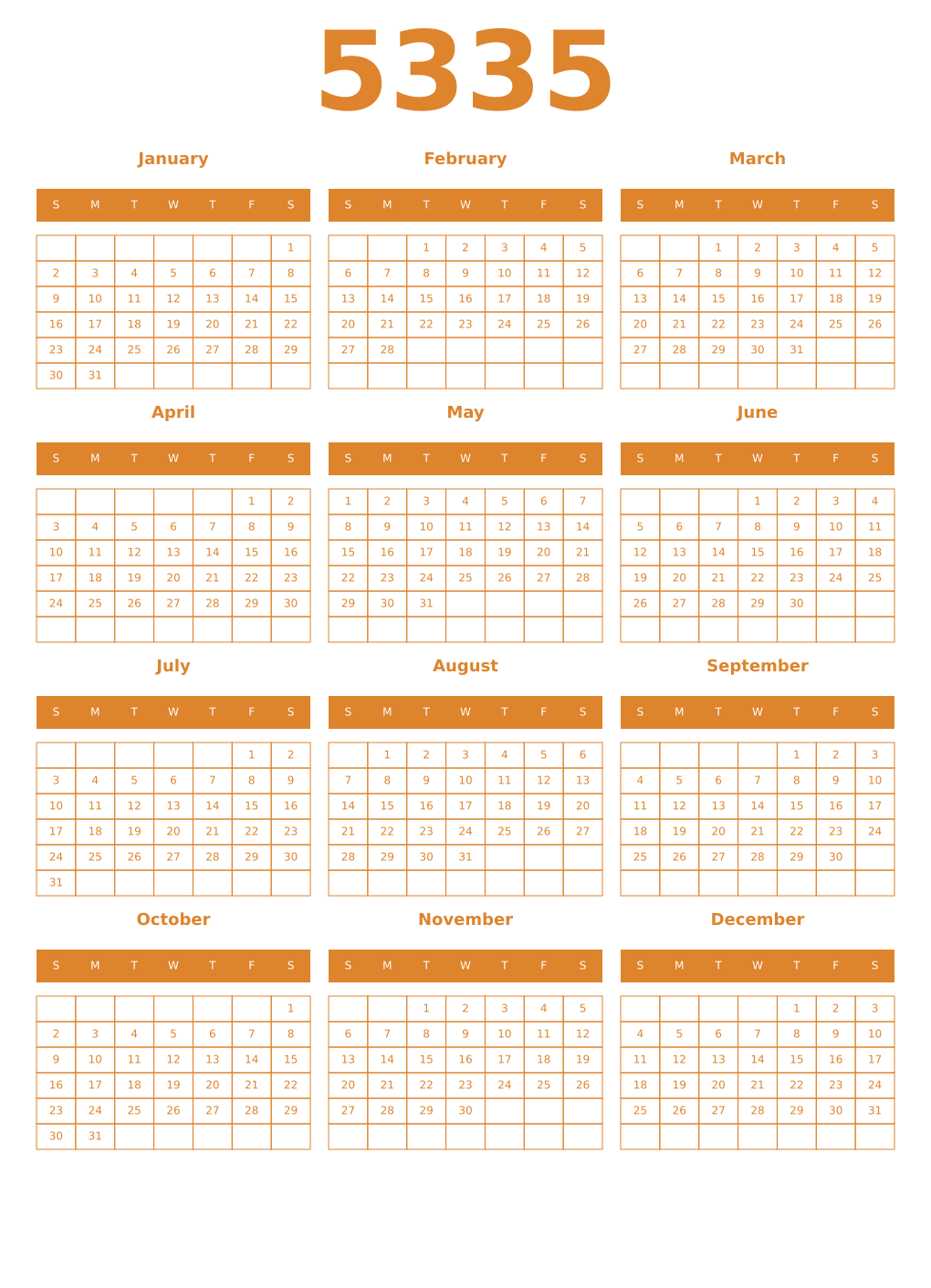Printable 5335 Year Calendars orange