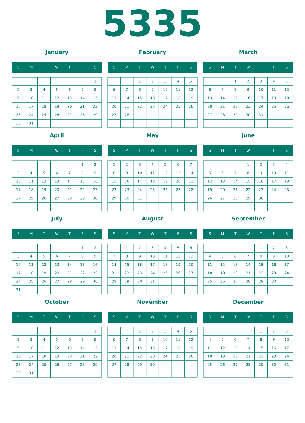 Printable 5335 Year Calendars pastel