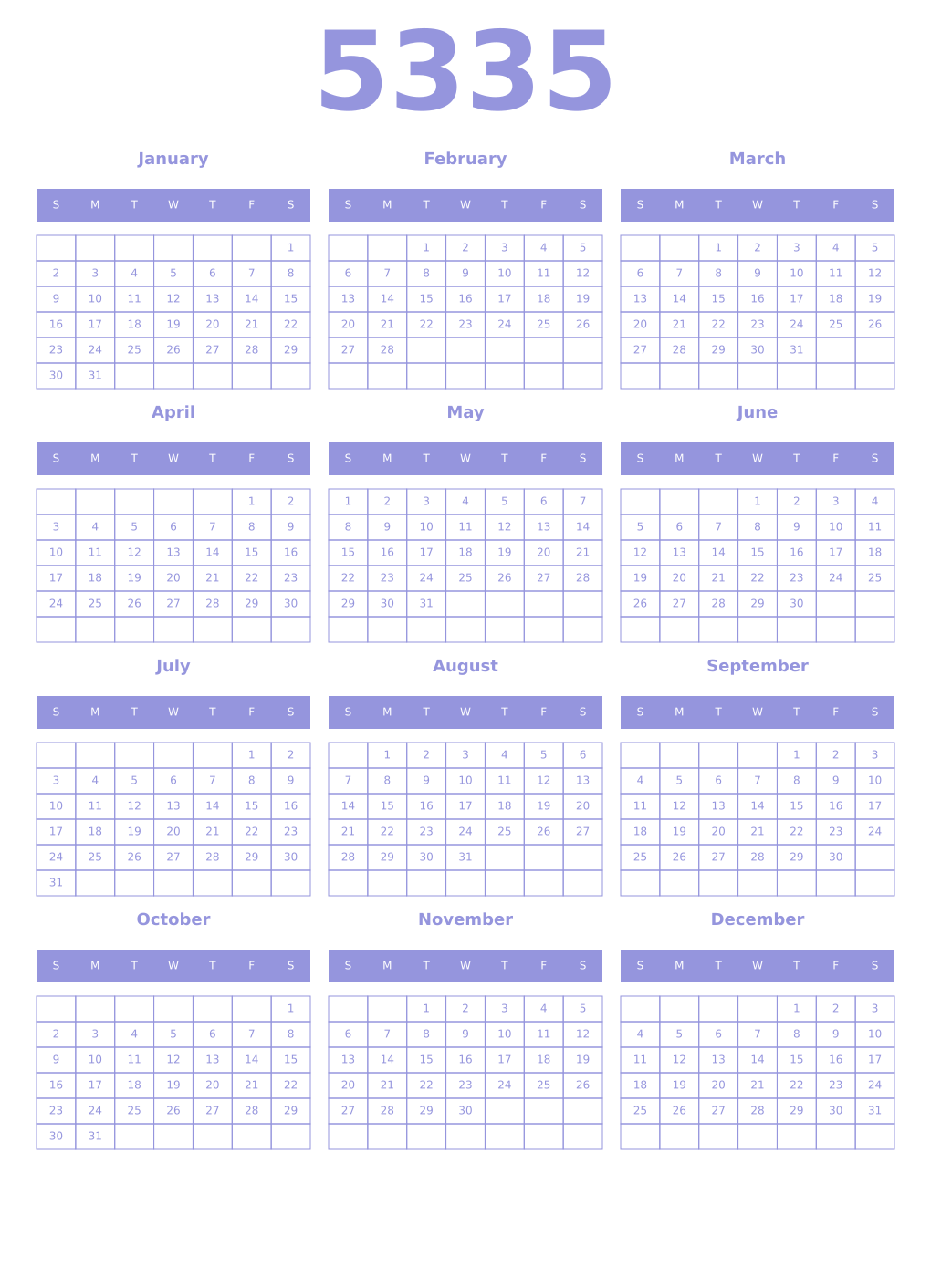 Printable 5335 Year Calendars periwinkle
