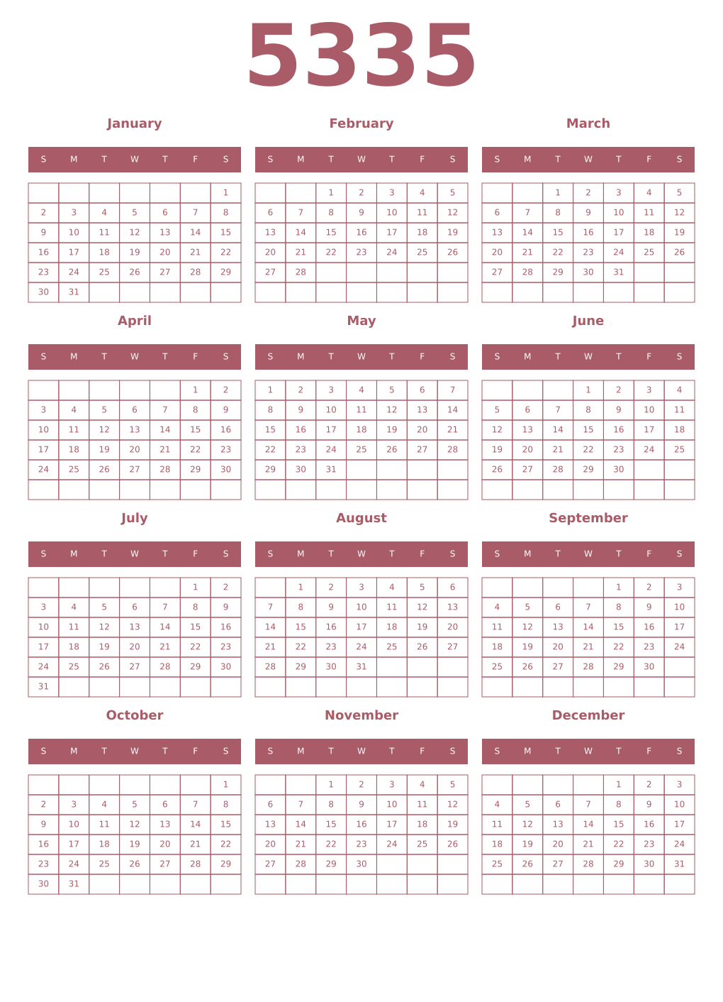 Printable 5335 Year Calendars puce