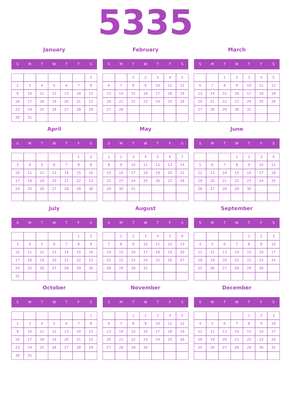 Printable 5335 Year Calendars purple